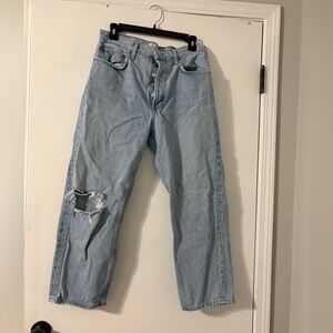 Agolde Women’s 90’s Crop Light Blue Jeans with Distressed Detail